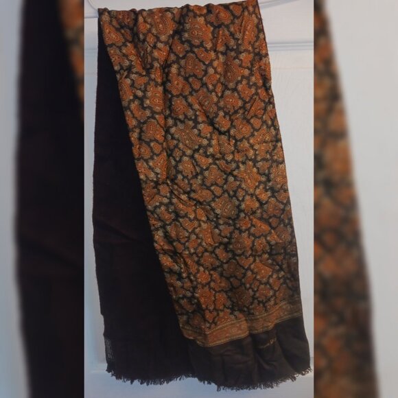 Vintage Christian Dior Paisley Italian Silk And Wool Two Sided Scarf Brown Gold - Picture 1 of 6